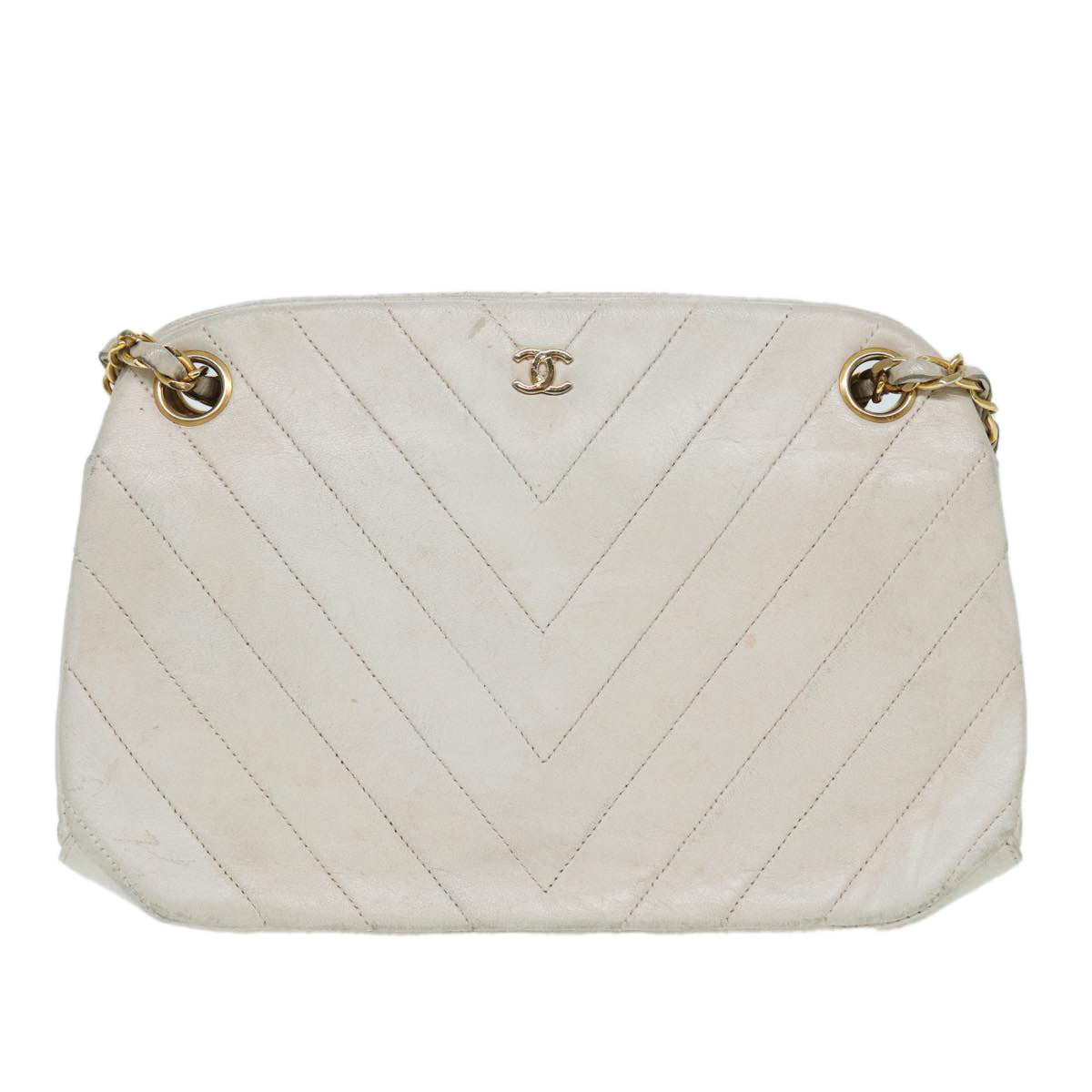 CHANEL V Stitch Chain Hand Bag Leather White CC yk14103