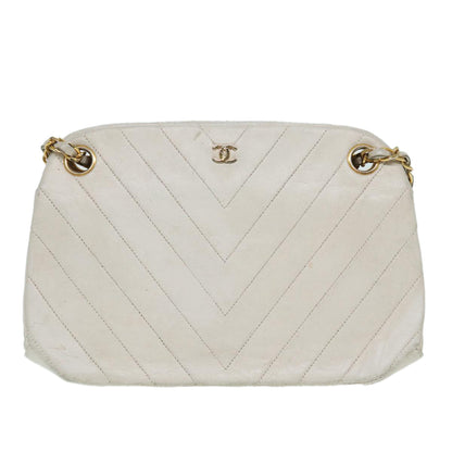 CHANEL V Stitch Chain Hand Bag Leather White CC yk14103