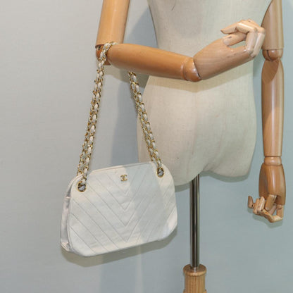 CHANEL V Stitch Chain Hand Bag Leather White CC yk14103