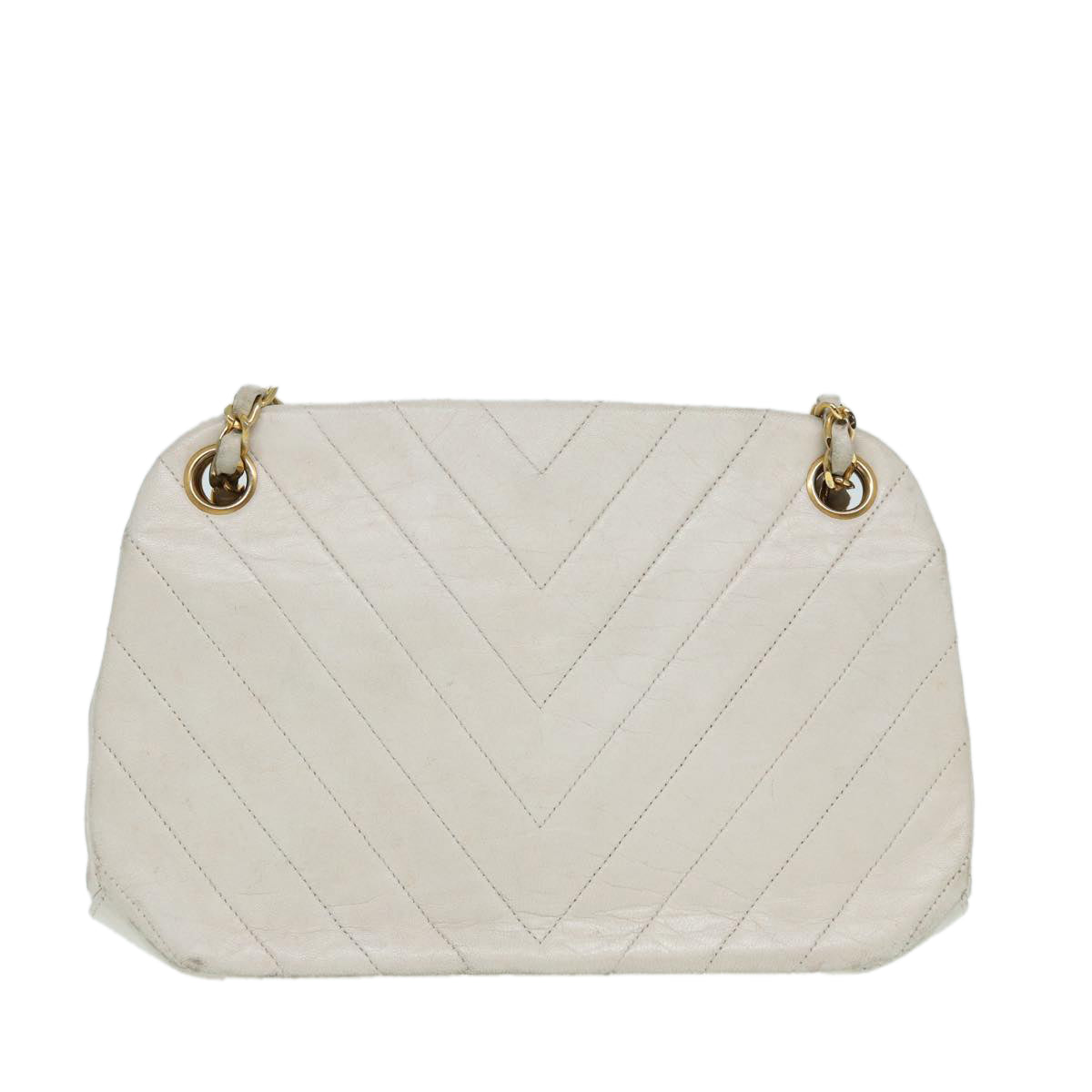 CHANEL V Stitch Chain Hand Bag Leather White CC yk14103