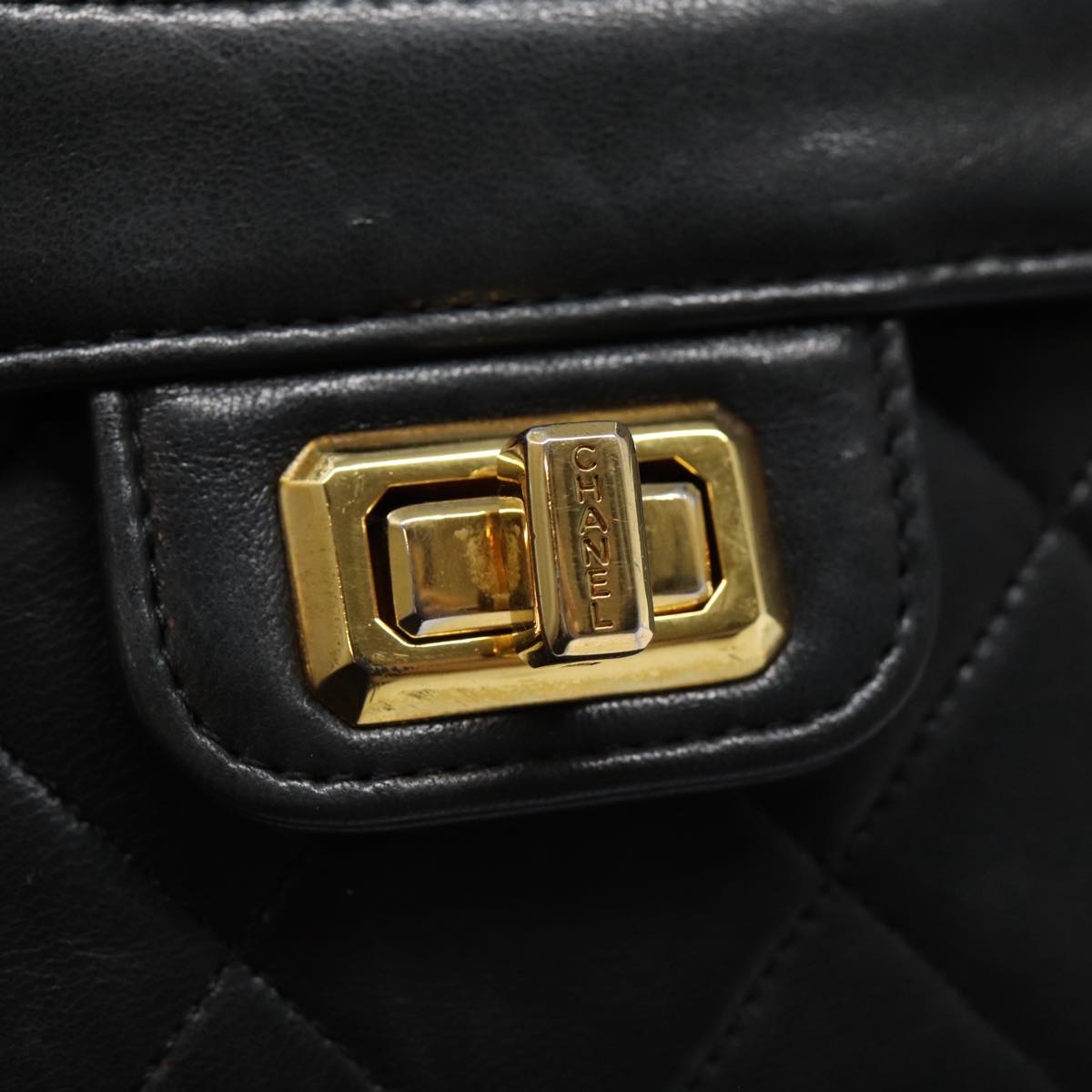 CHANEL Matelasse Turn Lock Chain Hand Bag Lamb Skin Black Gold CC yk14333A