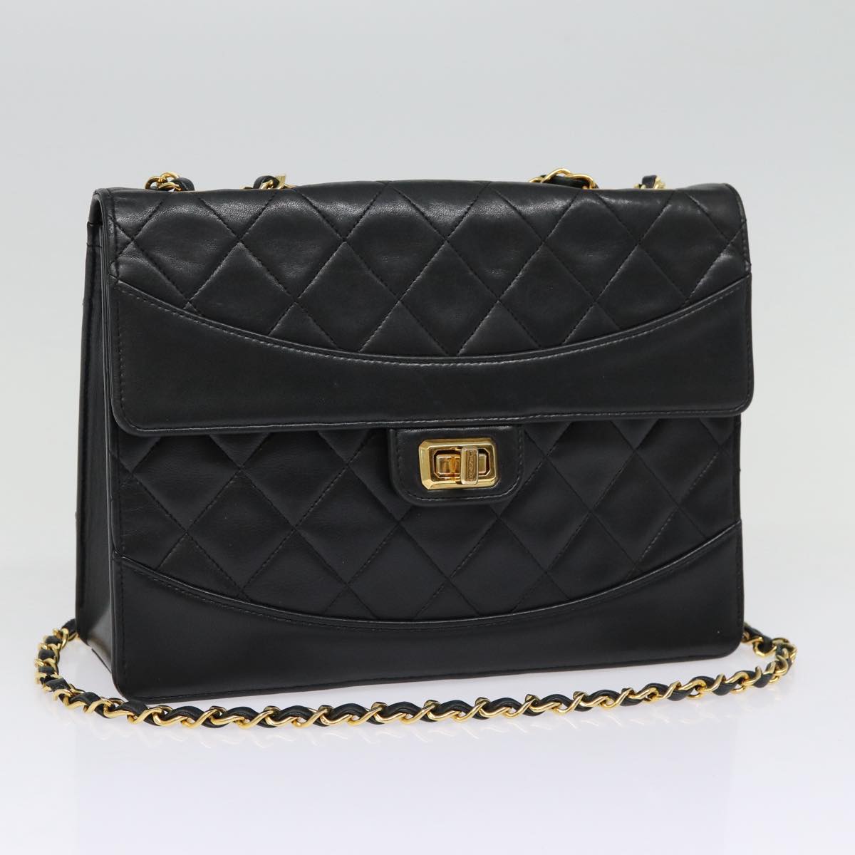 CHANEL Matelasse Turn Lock Chain Hand Bag Lamb Skin Black Gold CC yk14333A