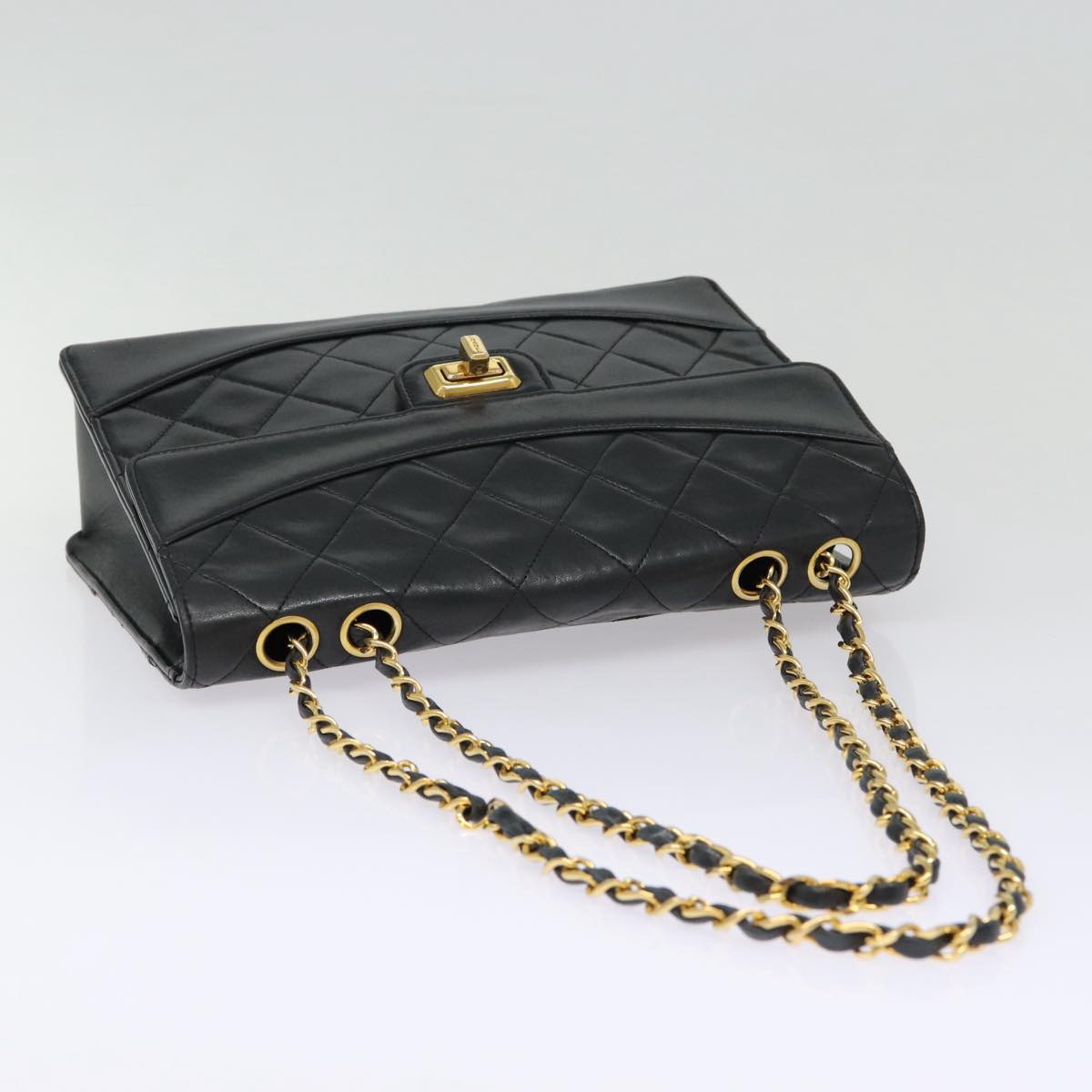 CHANEL Matelasse Turn Lock Chain Hand Bag Lamb Skin Black Gold CC yk14333A