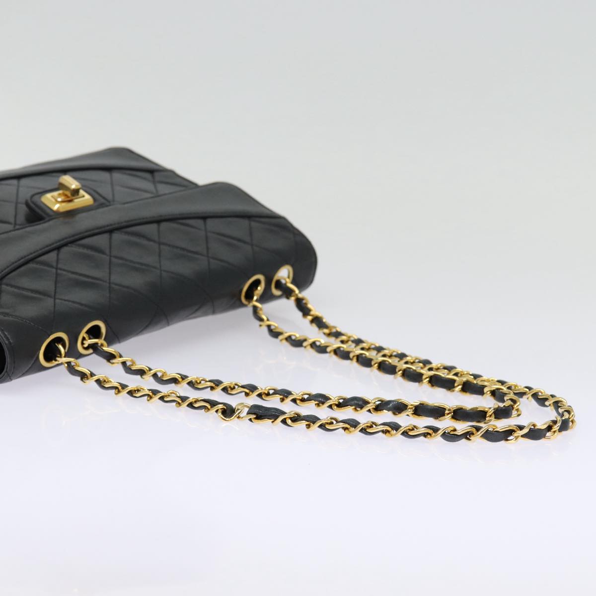 CHANEL Matelasse Turn Lock Chain Hand Bag Lamb Skin Black Gold CC yk14333A