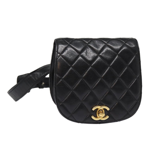 CHANEL Matelasse Turn Lock Waist bag Leather Black Gold CC yk14337