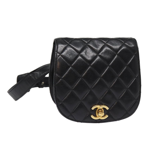 CHANEL Matelasse Turn Lock Waist bag Leather Black Gold CC yk14337