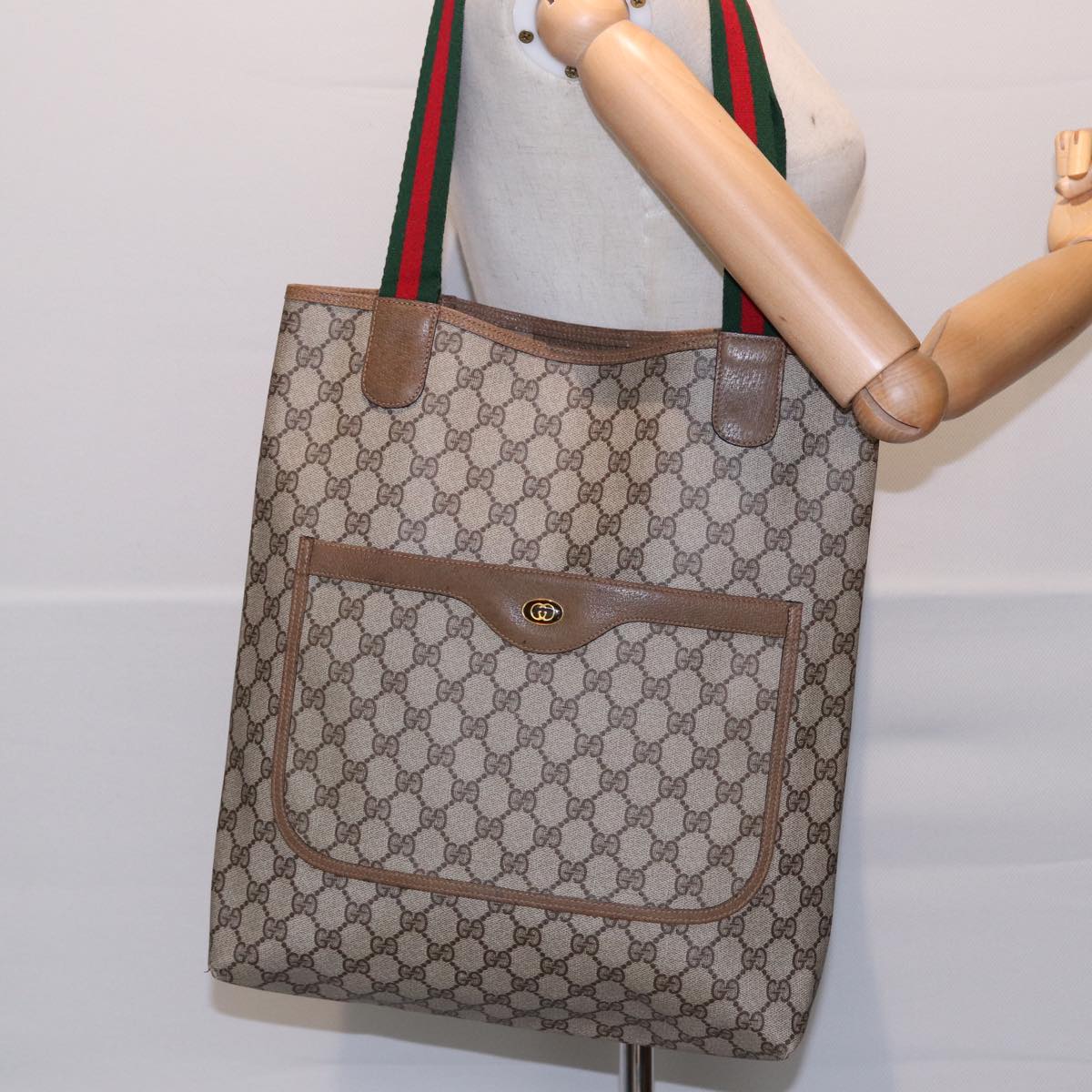 GUCCI GG Supreme Web Sherry Line Tote Bag PVC Beige Red 39 02 003  14357