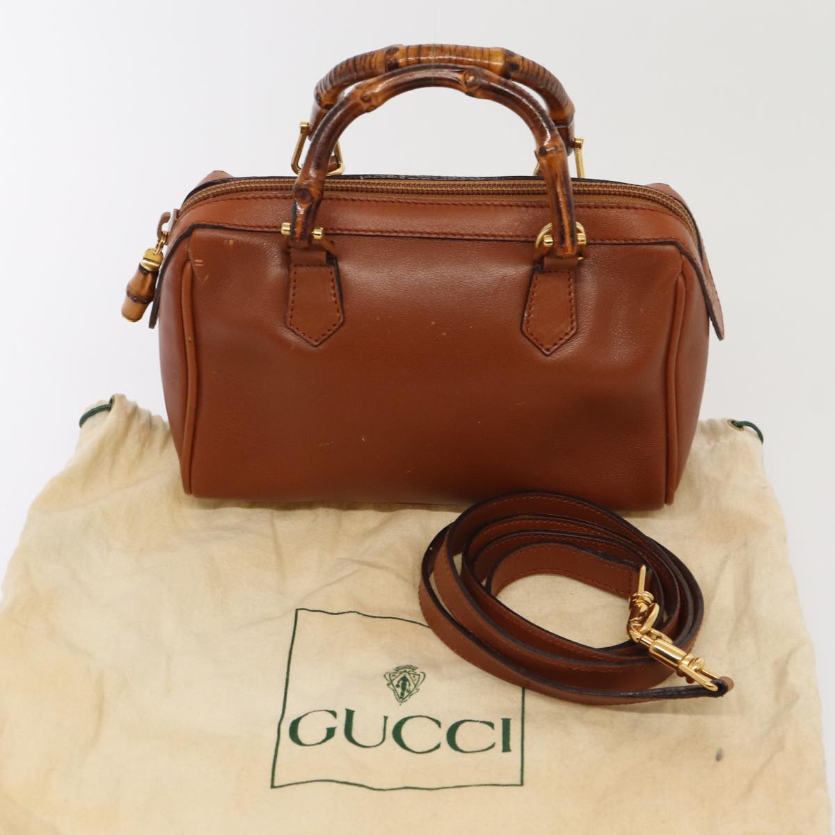 GUCCI Bamboo Hand Bag Leather 2way Brown Gold 007 3444 0232  14371