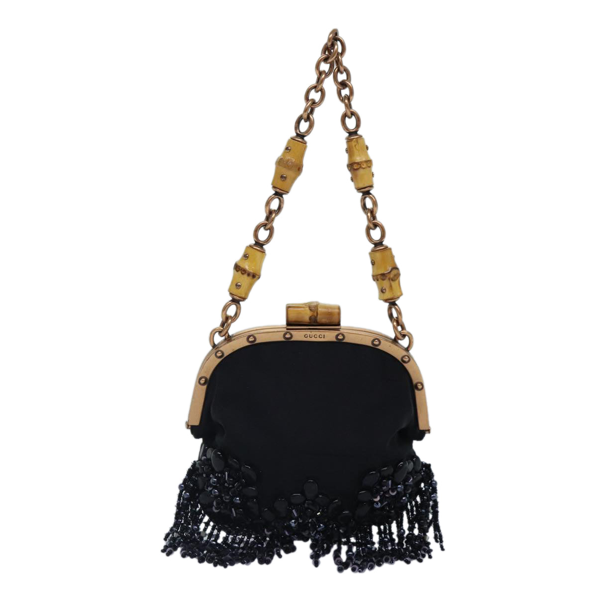 GUCCI Bamboo Beads Chain Purse Pouch Canvas Black 125587  14373
