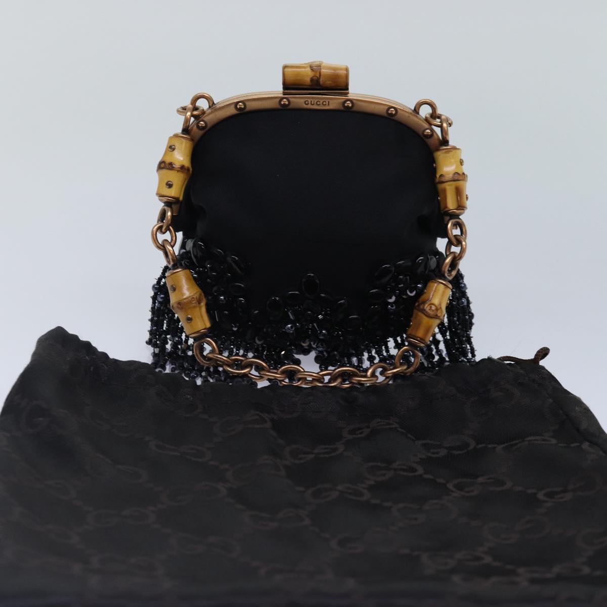 GUCCI Bamboo Beads Chain Purse Pouch Canvas Black 125587  14373