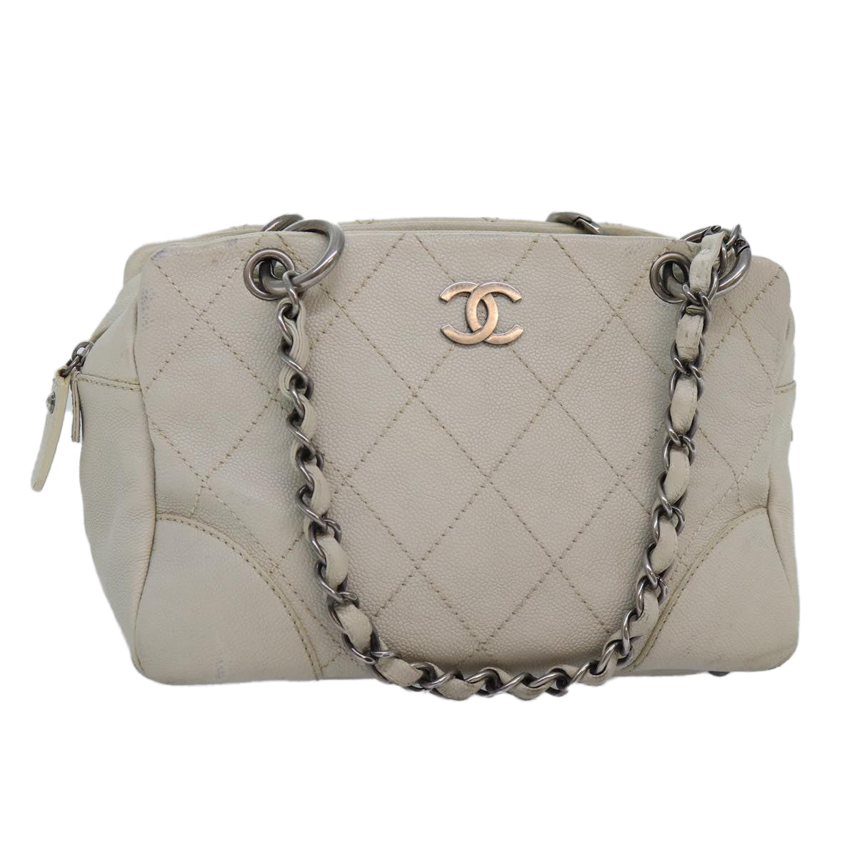 CHANEL Matelasse Chain Shoulder Bag Caviar Skin White Silver CC yk14601