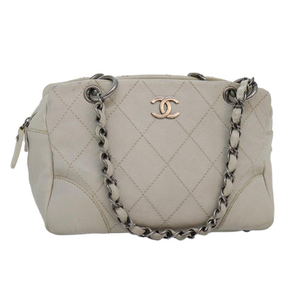 CHANEL Matelasse Chain Shoulder Bag Caviar Skin White Silver CC yk14601