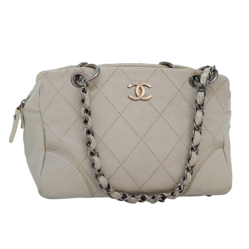 CHANEL Matelasse Chain Shoulder Bag Caviar Skin White Silver CC yk14601