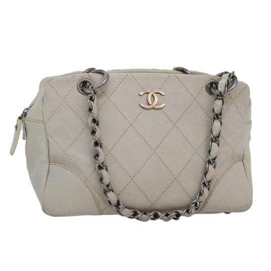 CHANEL Matelasse Chain Shoulder Bag Caviar Skin White Silver CC yk14601