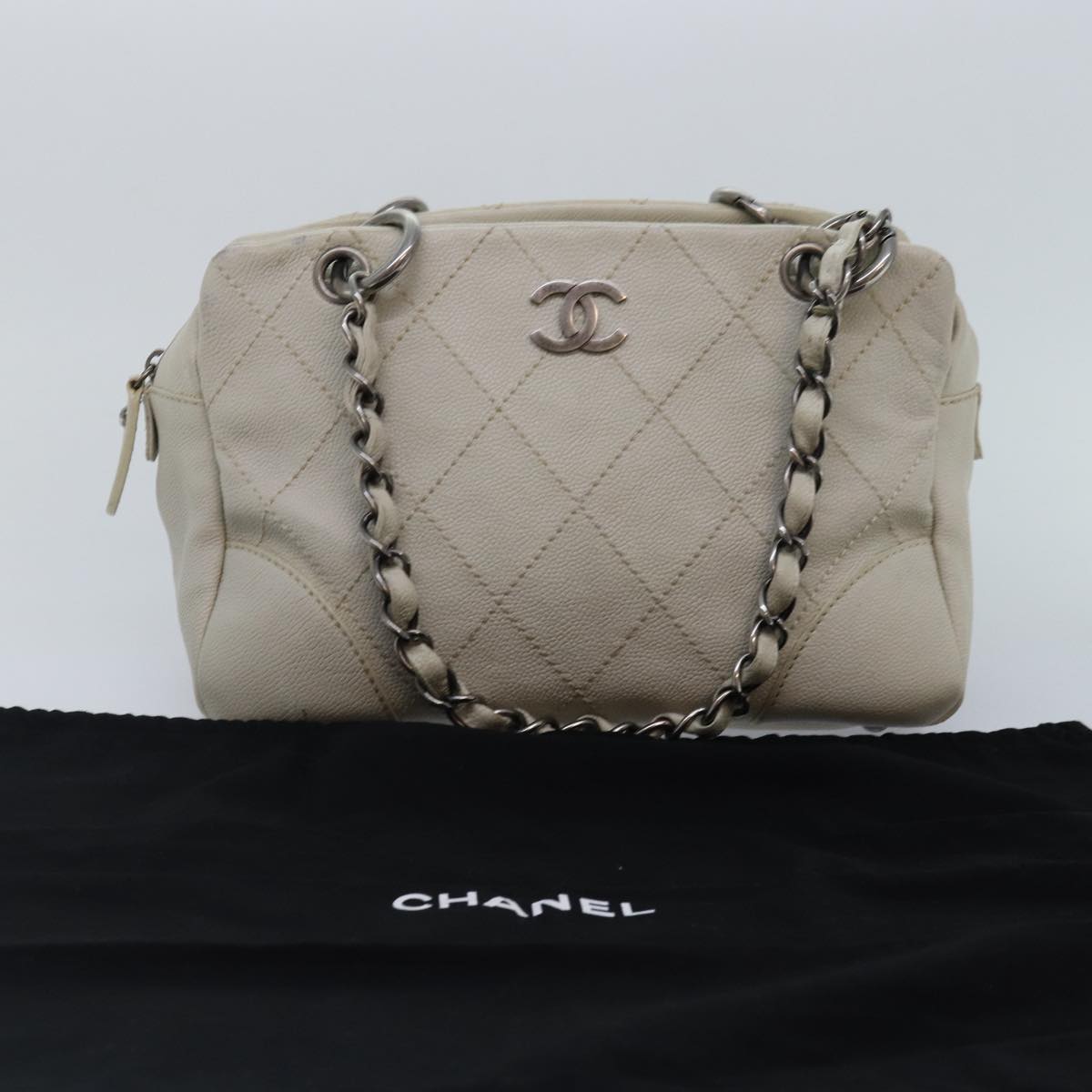CHANEL Matelasse Chain Shoulder Bag Caviar Skin White Silver CC yk14601