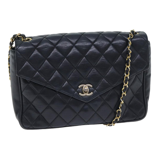 CHANEL Matelasse Turn Lock Chain Shoulder Bag Leather Black Gold CC yk14695