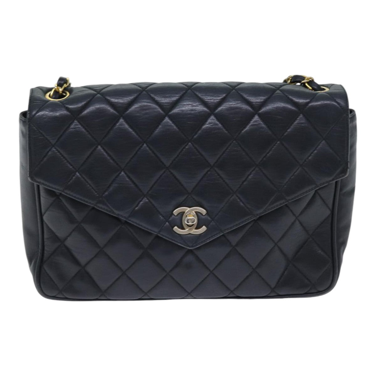 CHANEL Matelasse Turn Lock Chain Shoulder Bag Leather Black Gold CC yk14695