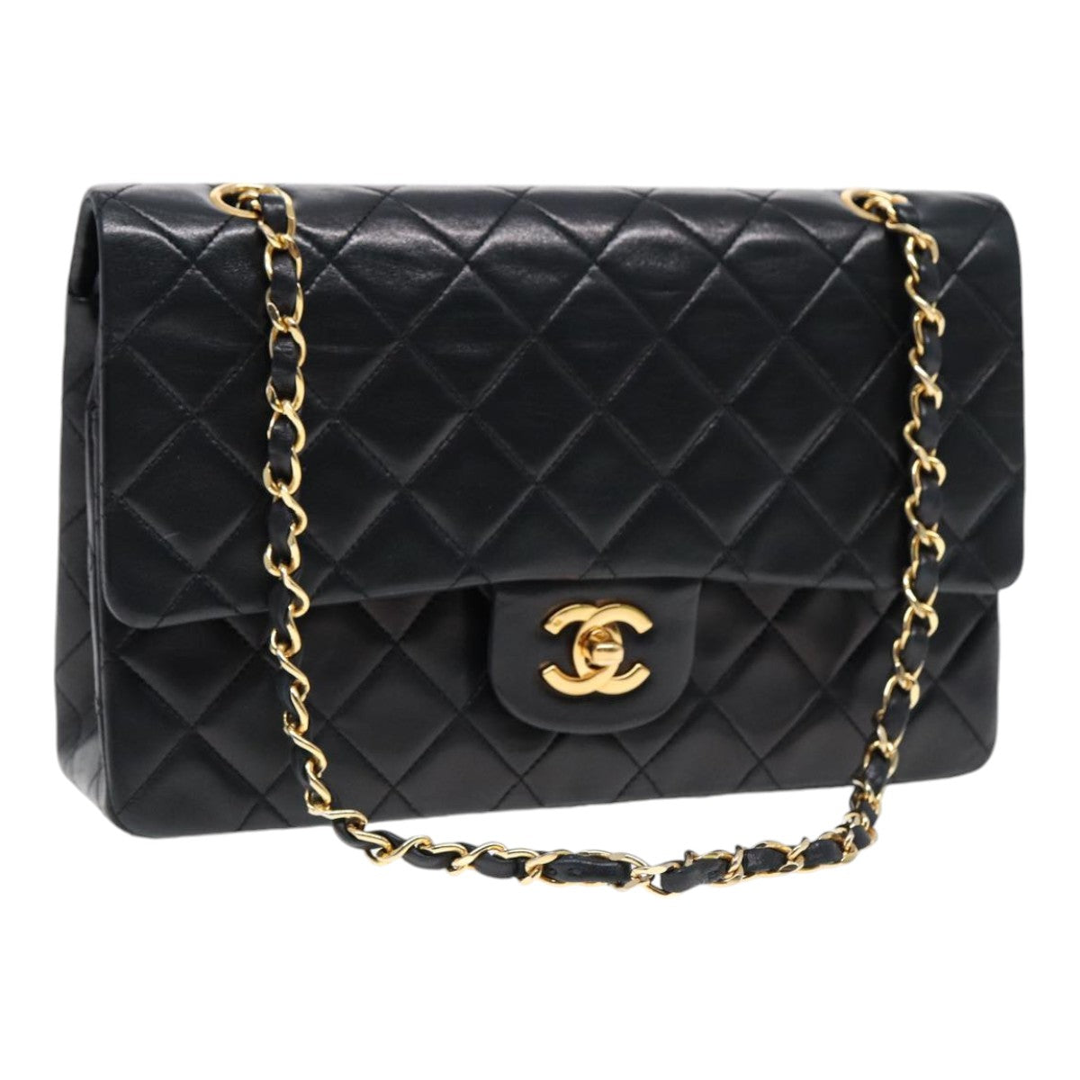 CHANEL Matelasse 25 Turn Lock Chain Bag Lamb Skin Black Gold CC yk14719A