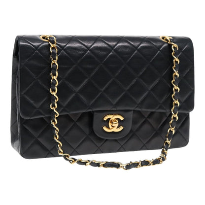 CHANEL Matelasse 25 Turn Lock Chain Bag Lamb Skin Black Gold CC yk14719A