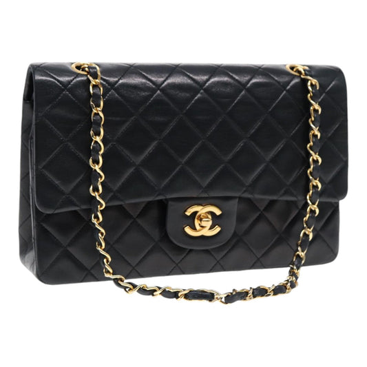 CHANEL Matelasse 25 Turn Lock Chain Bag Lamb Skin Black Gold CC yk14719A
