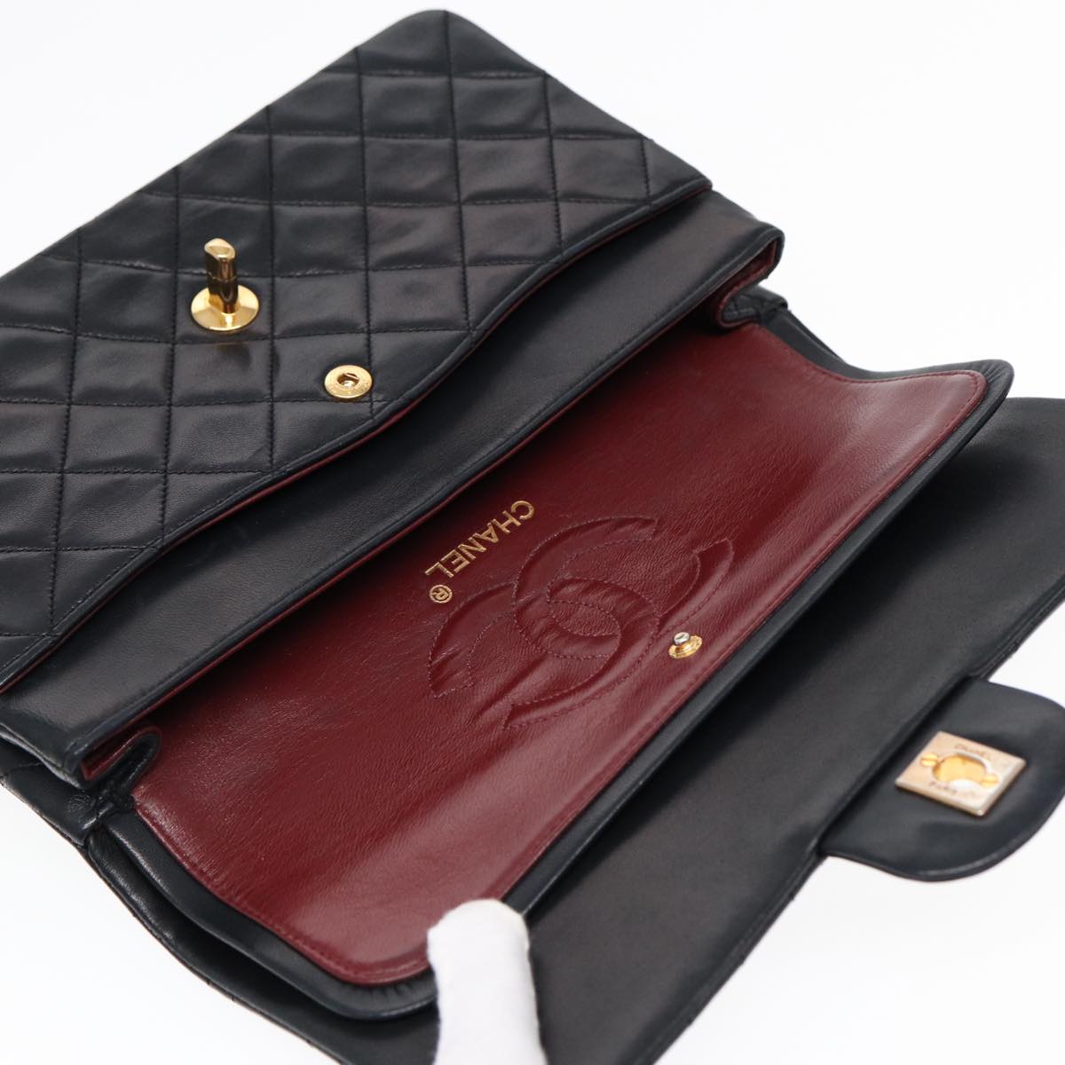 CHANEL Matelasse 25 Turn Lock Chain Bag Lamb Skin Black Gold CC yk14719A