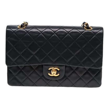 CHANEL Matelasse 25 Turn Lock Chain Bag Lamb Skin Black Gold CC yk14719A