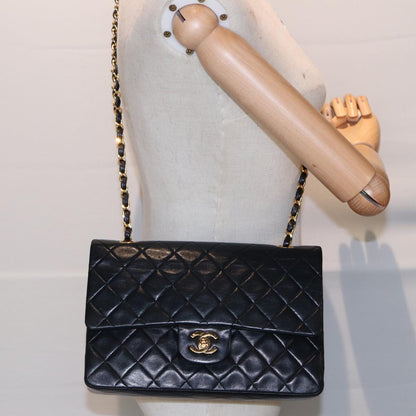CHANEL Matelasse 25 Turn Lock Chain Bag Lamb Skin Black Gold CC yk14719A
