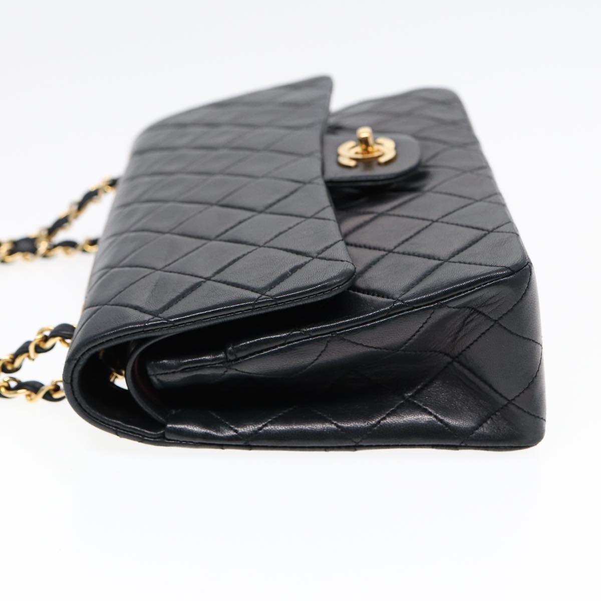 CHANEL Matelasse 25 Turn Lock Chain Bag Lamb Skin Black Gold CC yk14719A