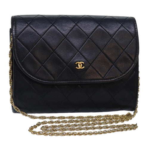 CHANEL Matelasse Chain Shoulder Bag Lamb Skin Black Gold CC yk14739
