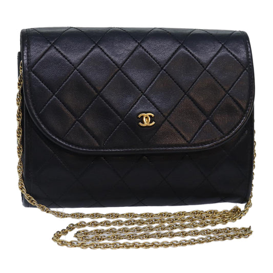 CHANEL Matelasse Chain Shoulder Bag Lamb Skin Black Gold CC yk14739