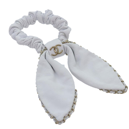 CHANEL COCO Mark Scrunchie Hair clip Lamb Skin White CC yk14744