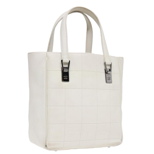 CHANEL Choco Bar Hand Bag Leather White Silver CC yk14765