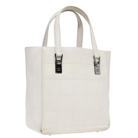 CHANEL Choco Bar Hand Bag Leather White Silver CC yk14765