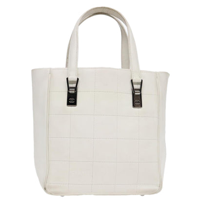 CHANEL Choco Bar Hand Bag Leather White Silver CC yk14765