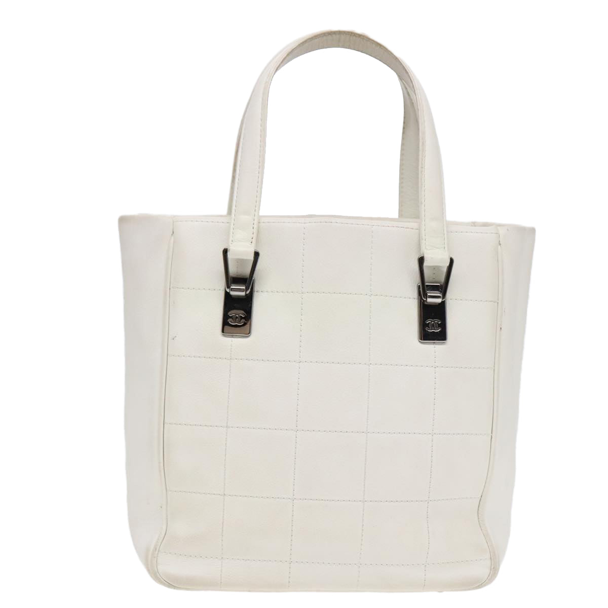 CHANEL Choco Bar Hand Bag Leather White Silver CC yk14765