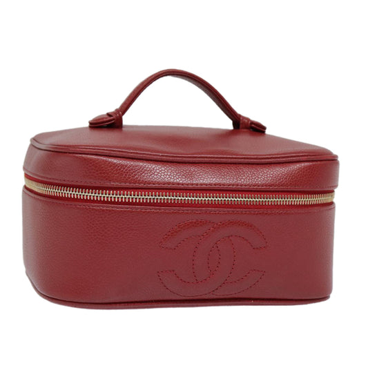 CHANEL Vanity COCO Mark Cosmetic Pouch Caviar Skin Red Gold CC yk14831