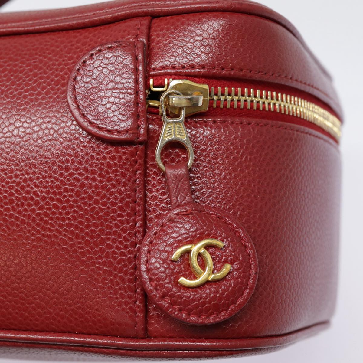 CHANEL Vanity COCO Mark Cosmetic Pouch Caviar Skin Red Gold CC yk14831