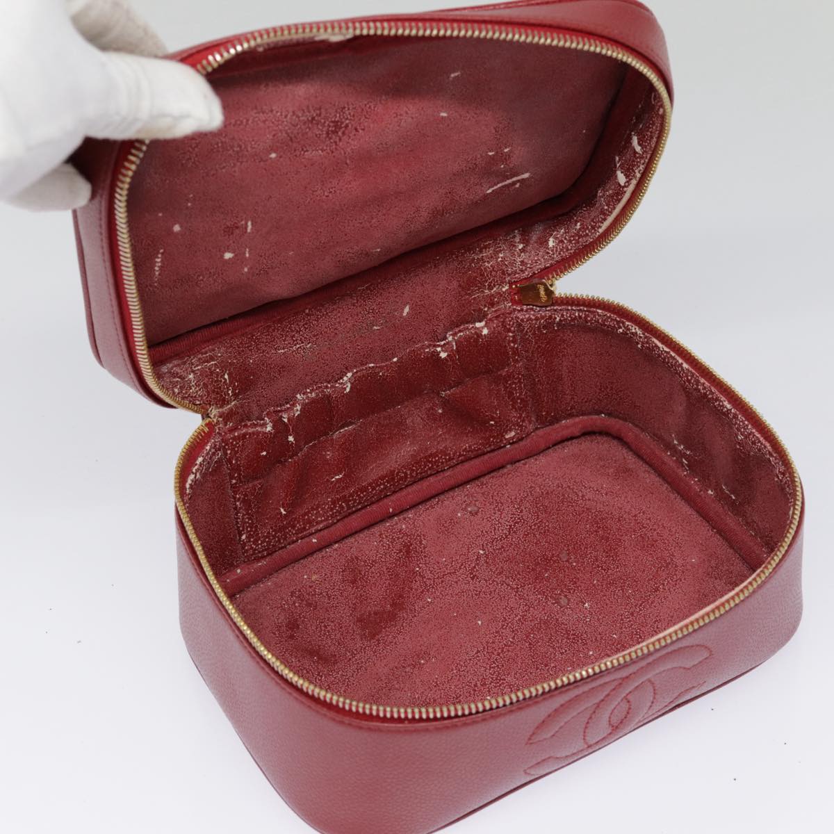 CHANEL Vanity COCO Mark Cosmetic Pouch Caviar Skin Red Gold CC yk14831