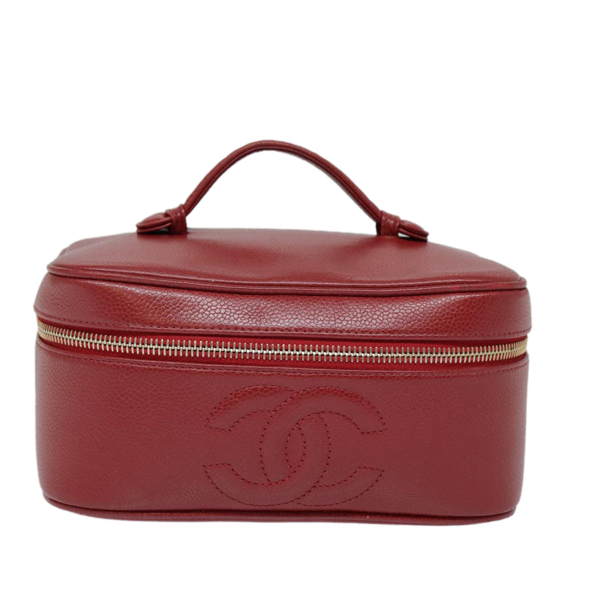 CHANEL Vanity COCO Mark Cosmetic Pouch Caviar Skin Red Gold CC yk14831