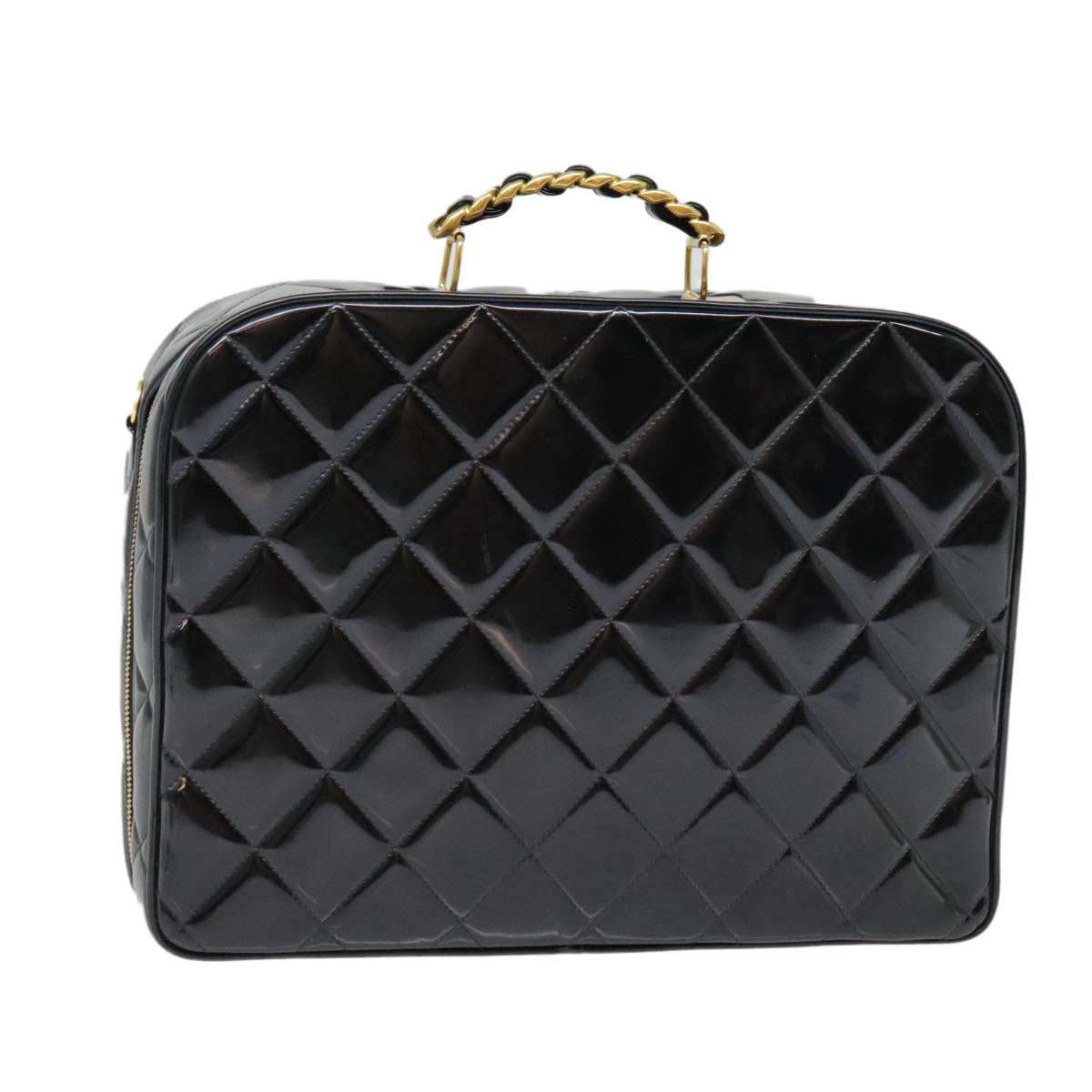CHANEL Matelasse Chain Hand Bag Enamel Black Gold CC yk14913