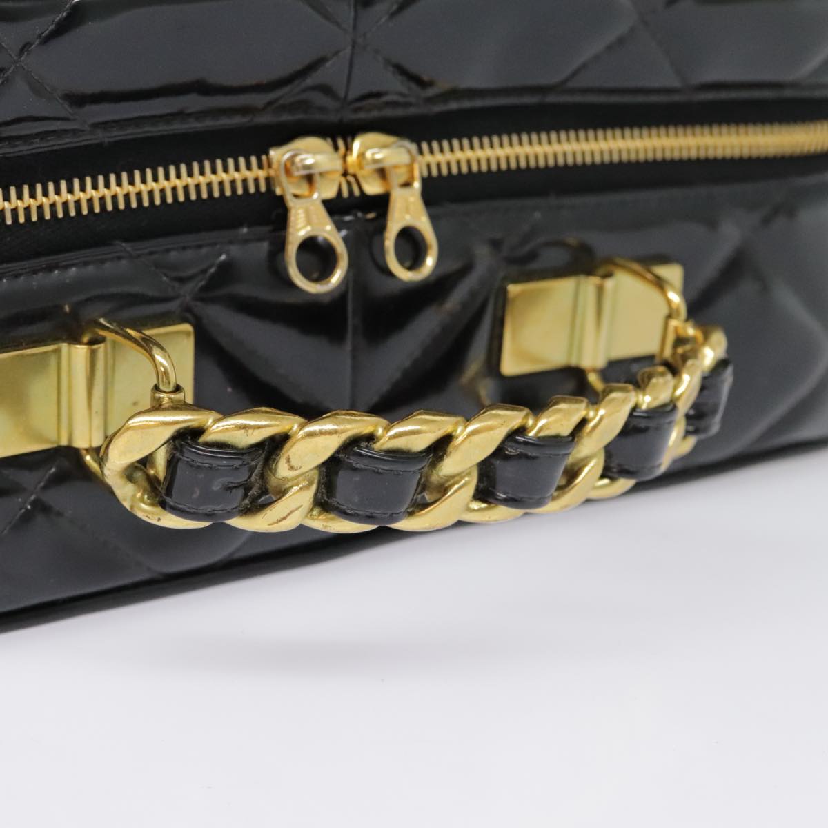 CHANEL Matelasse Chain Hand Bag Enamel Black Gold CC yk14913