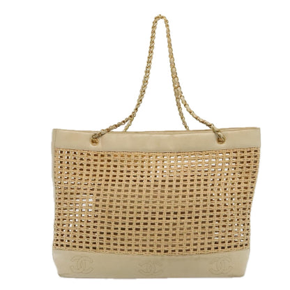 CHANEL COCO Mark Chain Tote Bag Straw Leather Beige Gold CC yk14915
