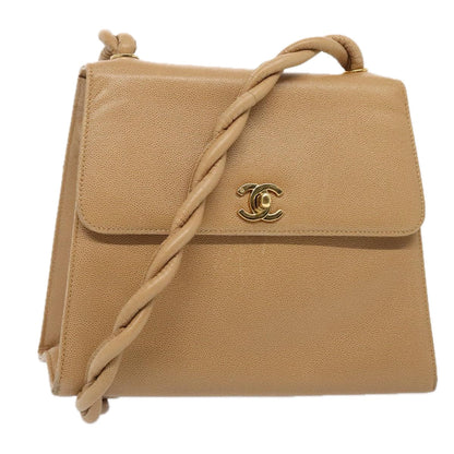 CHANEL Turn Lock Shoulder Bag Caviar Skin Beige Gold CC yk14960A