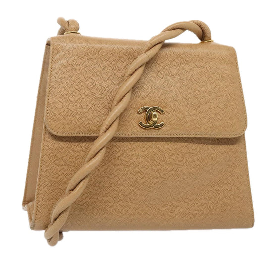 CHANEL Turn Lock Shoulder Bag Caviar Skin Beige Gold CC yk14960A