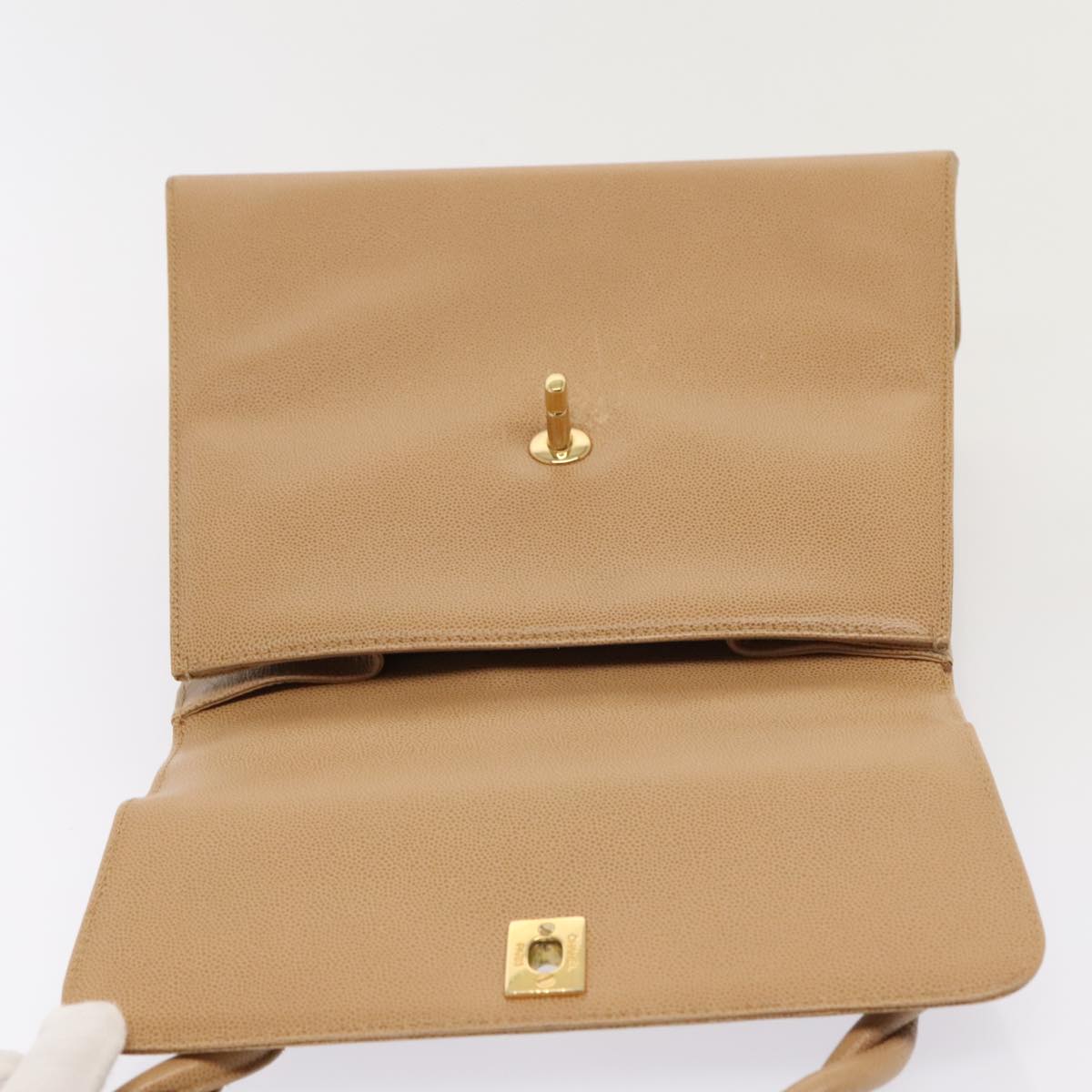 CHANEL Turn Lock Shoulder Bag Caviar Skin Beige Gold CC yk14960A