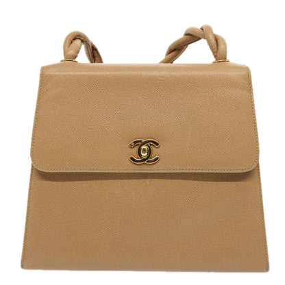 CHANEL Turn Lock Shoulder Bag Caviar Skin Beige Gold CC yk14960A