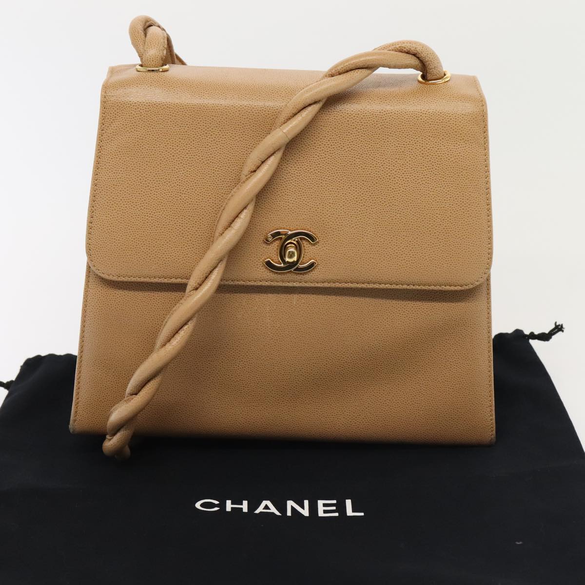 CHANEL Turn Lock Shoulder Bag Caviar Skin Beige Gold CC yk14960A
