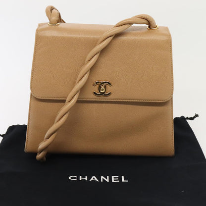 CHANEL Turn Lock Shoulder Bag Caviar Skin Beige Gold CC yk14960A