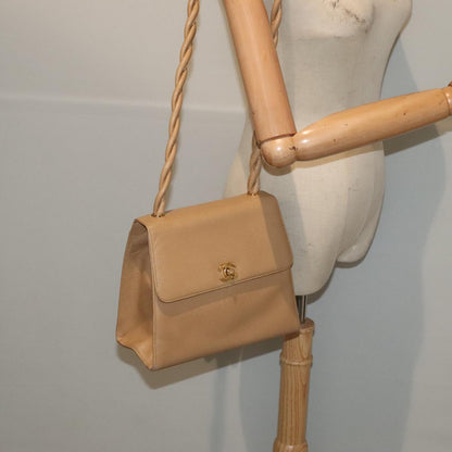 CHANEL Turn Lock Shoulder Bag Caviar Skin Beige Gold CC yk14960A