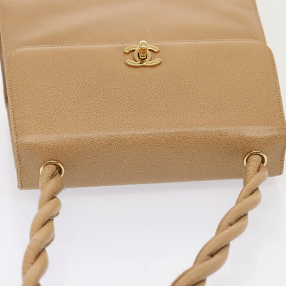 CHANEL Turn Lock Shoulder Bag Caviar Skin Beige Gold CC yk14960A